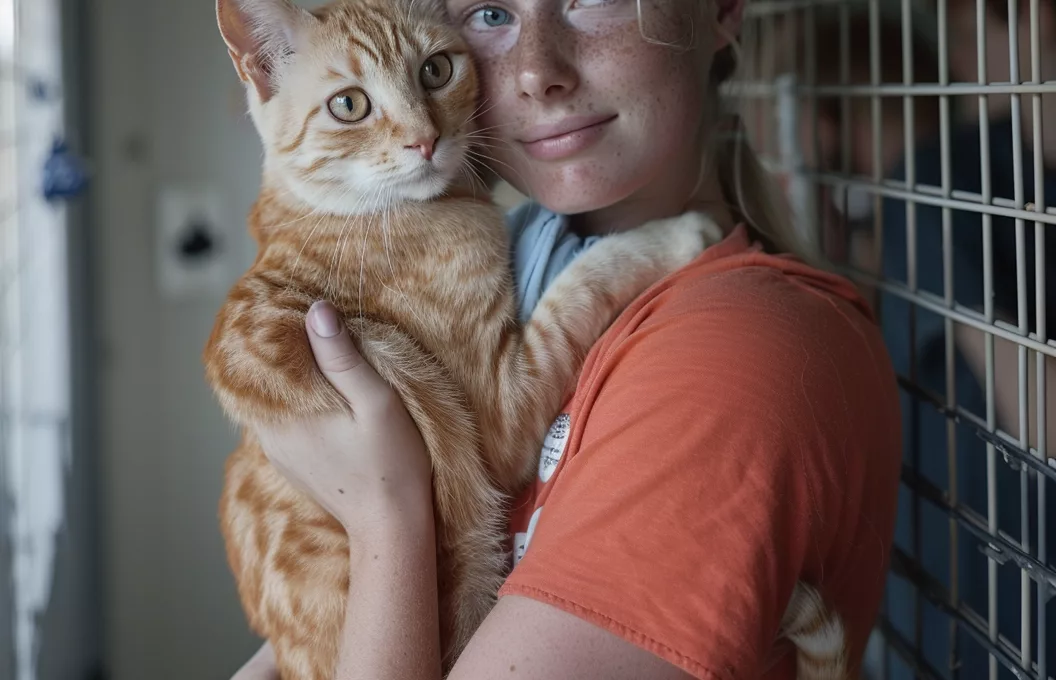 Jeune fille tenant un chat roux.