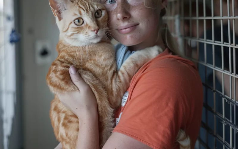 Jeune fille tenant un chat roux.
