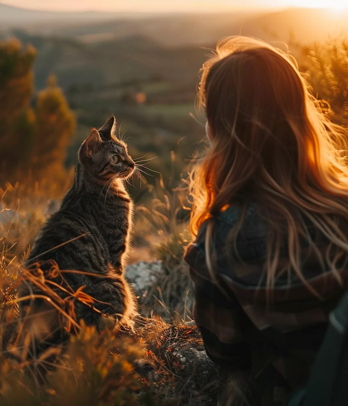 Femme et chat regardent le coucher de soleil.