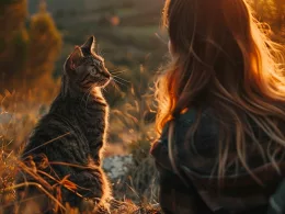 Femme et chat regardent le coucher de soleil.
