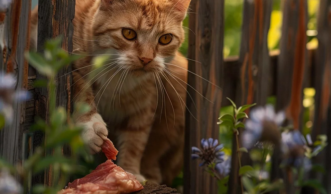 Chat roux mangeant près d'une clôture en bois.