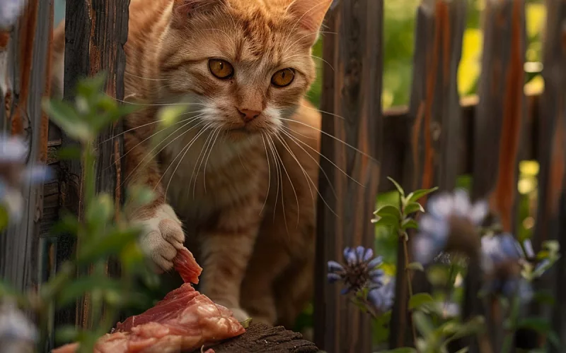 Chat roux mangeant près d'une clôture en bois.