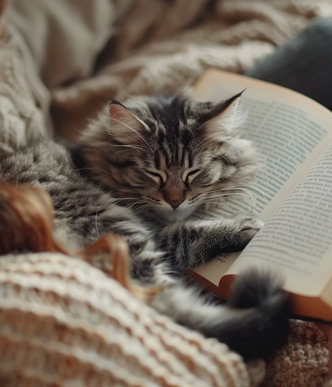 Chat endormi sur un livre ouvert.