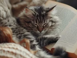 Chat endormi sur un livre ouvert.