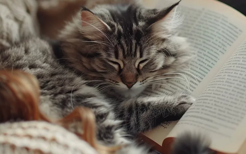 Chat endormi sur un livre ouvert.