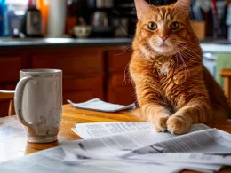 Chat roux sur journaux avec tasse.