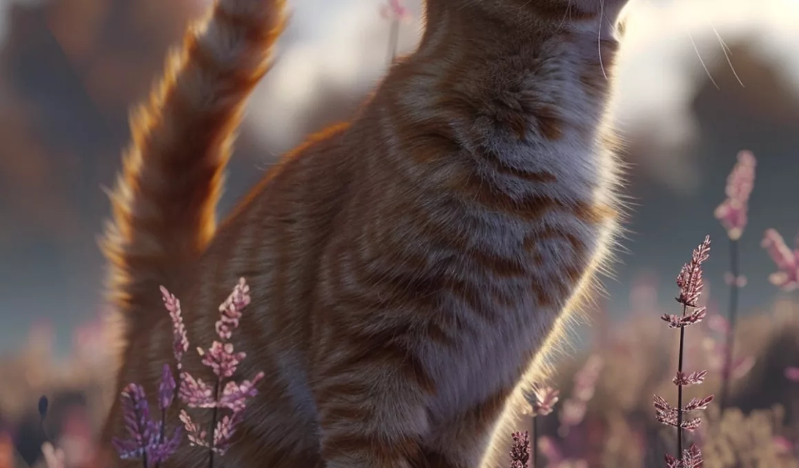 Chat tigré dans champs fleuri au crépuscule.