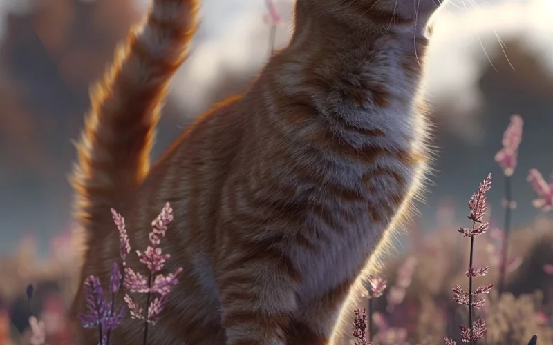 Chat tigré dans champs fleuri au crépuscule.