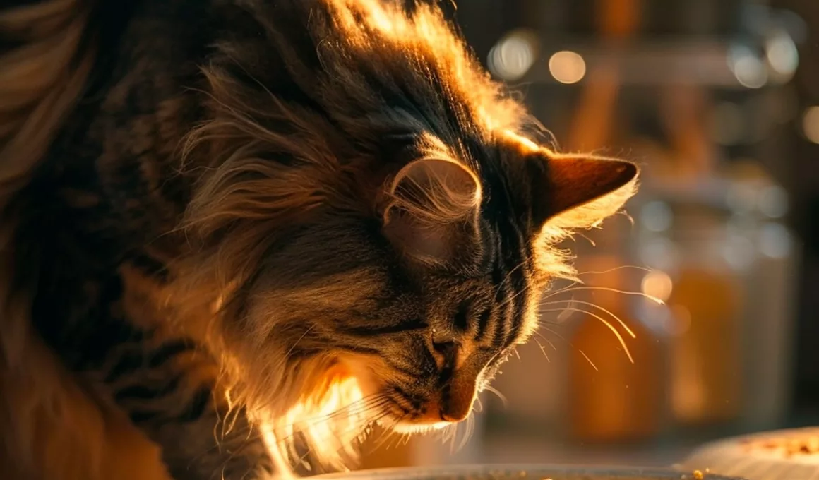 Chat mangeant dans la lumière du soleil.