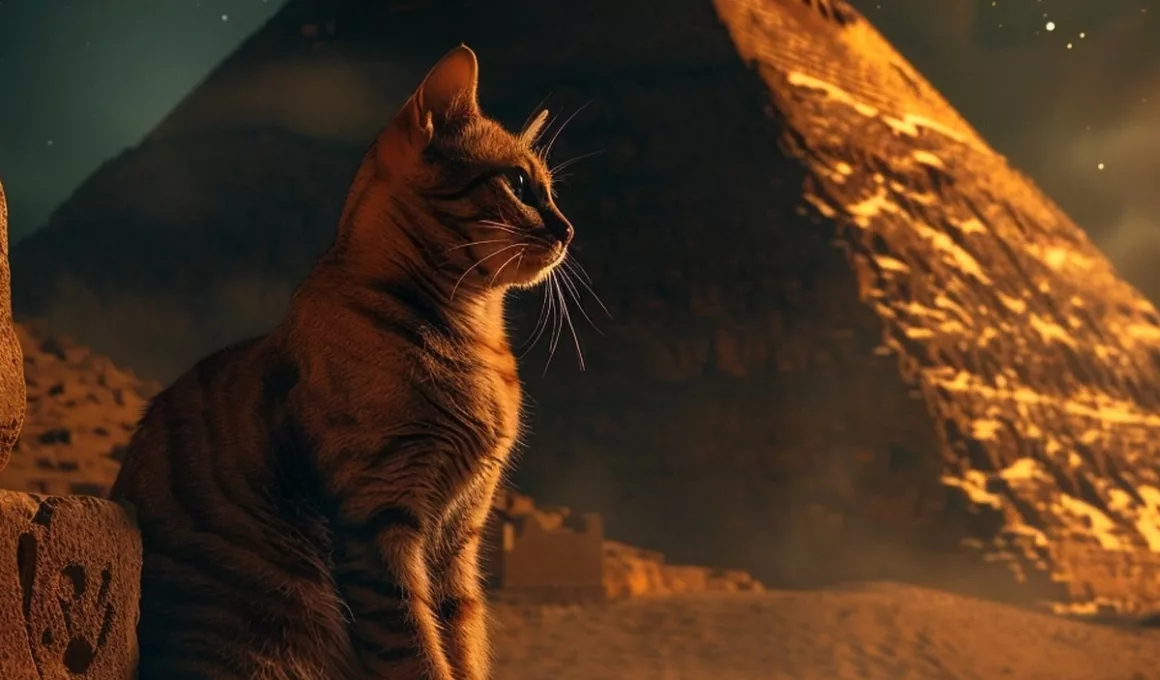 Chat devant la pyramide de Gizeh la nuit.
