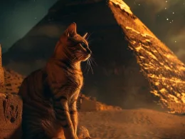 Chat devant la pyramide de Gizeh la nuit.