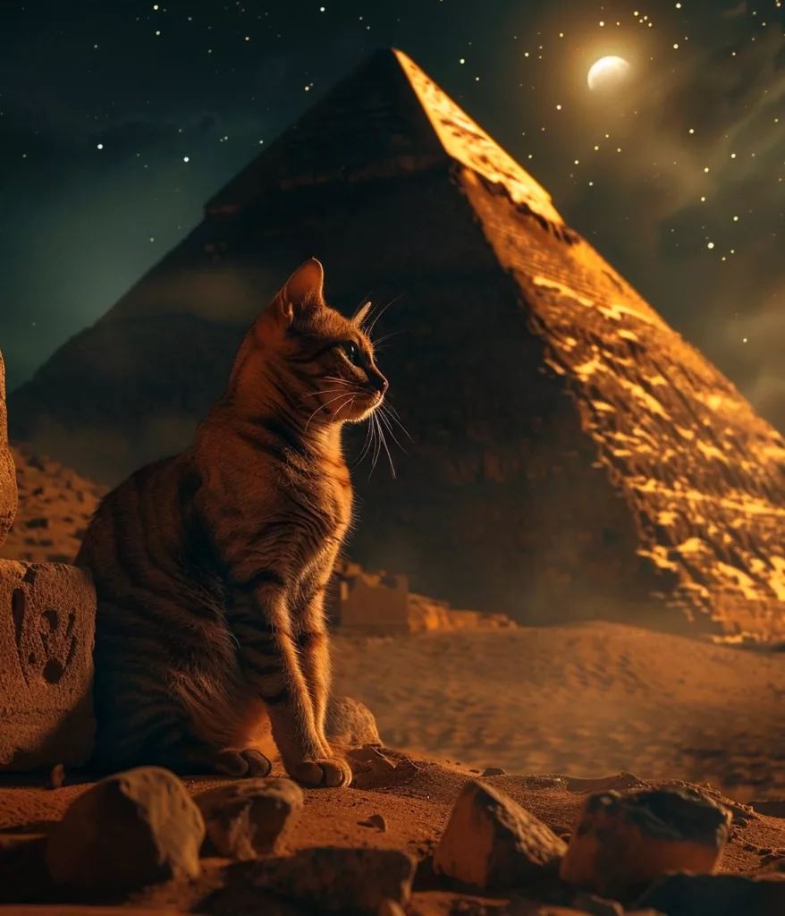 Chat devant la pyramide de Gizeh la nuit.