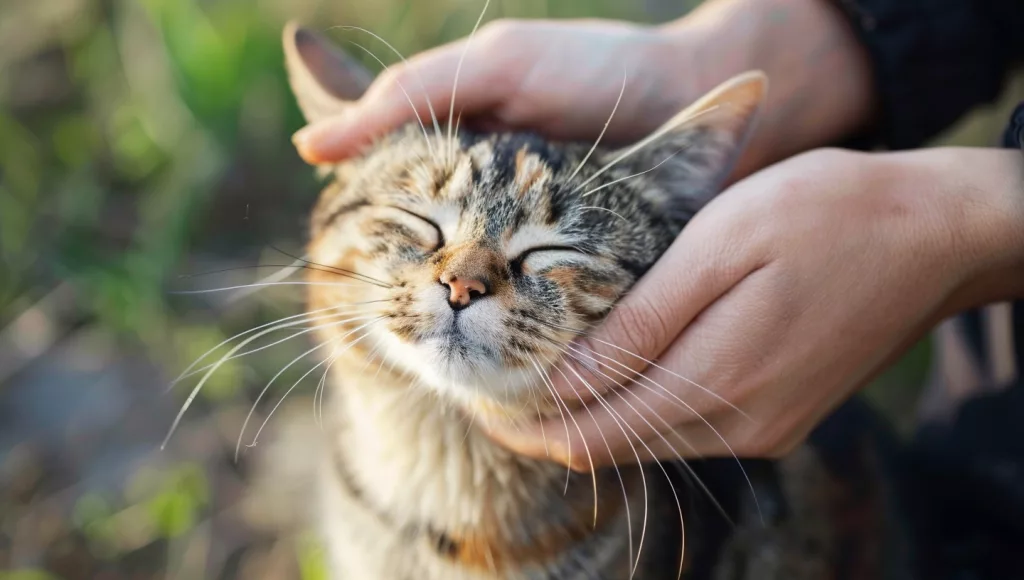 Chat heureux caressé par une personne.