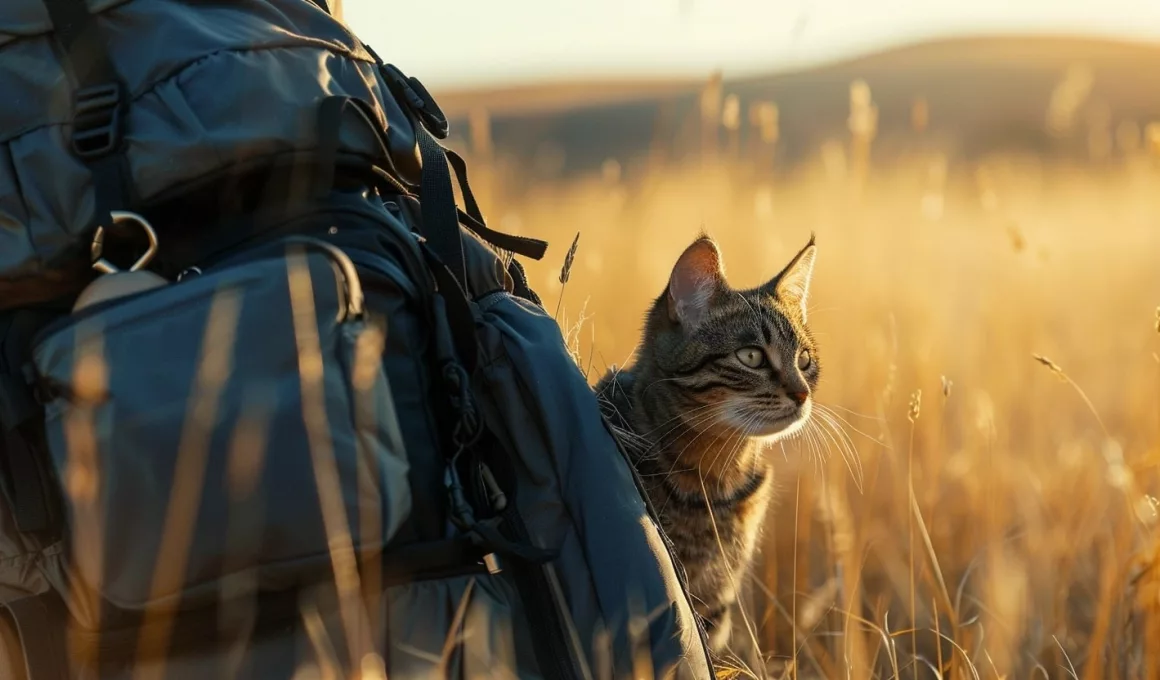 Chat à côté d'un sac à dos dans champ doré