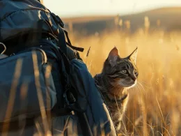 Chat à côté d'un sac à dos dans champ doré