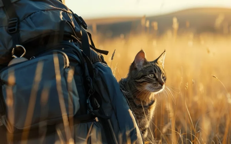 Chat à côté d'un sac à dos dans champ doré