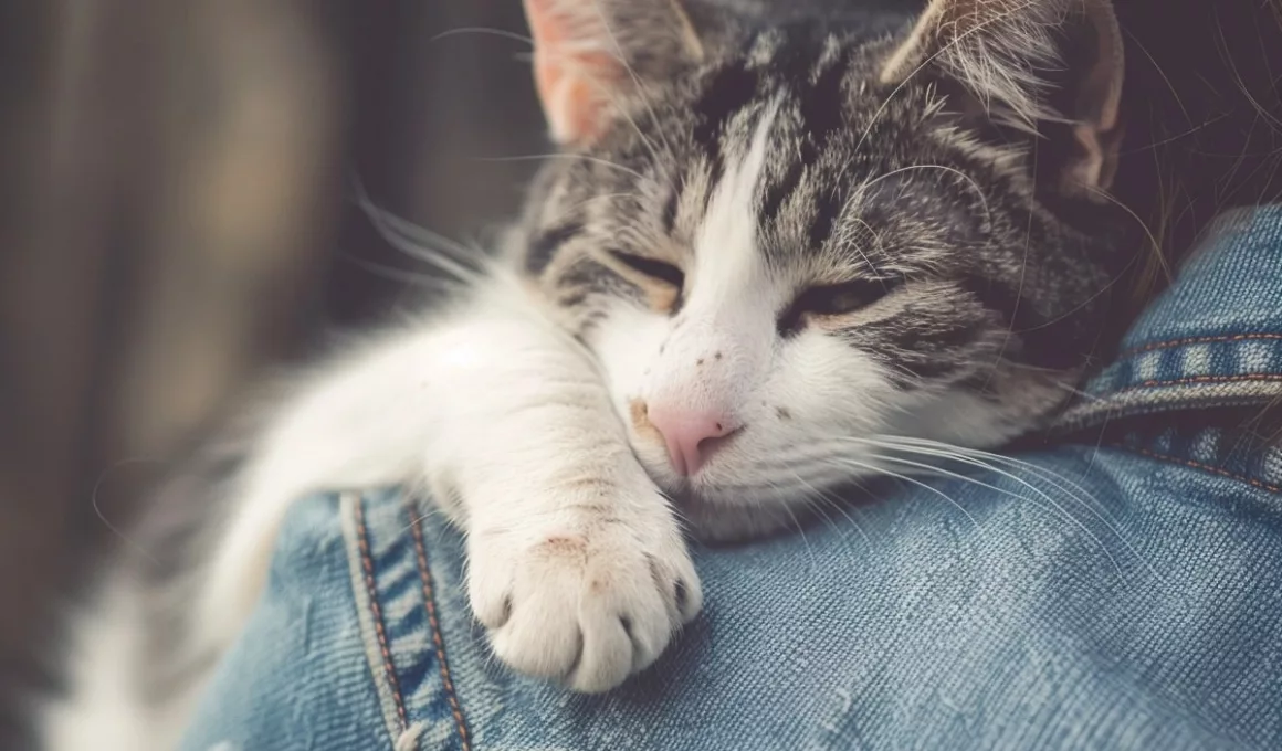 Chat endormi sur épaule en jean