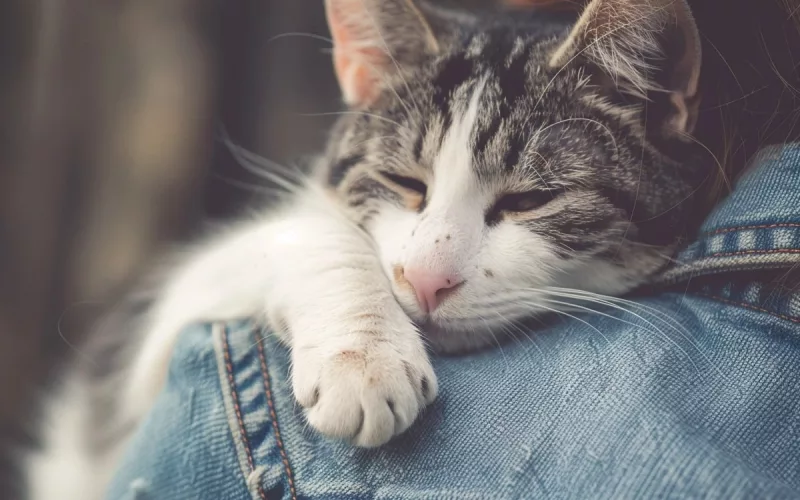 Chat endormi sur épaule en jean