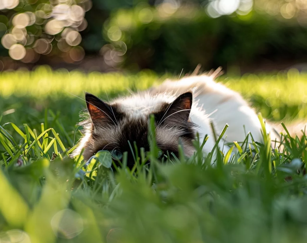 Chat masqué dormant paisiblement dans l'herbe verte.