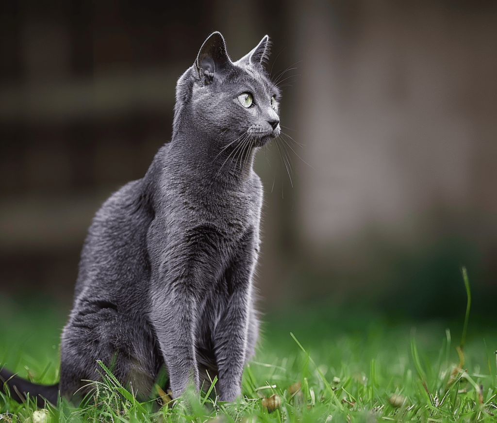 Chat gris profilé sur herbe verte.