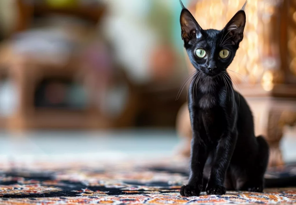Chat noir aux grands yeux sur tapis coloré.