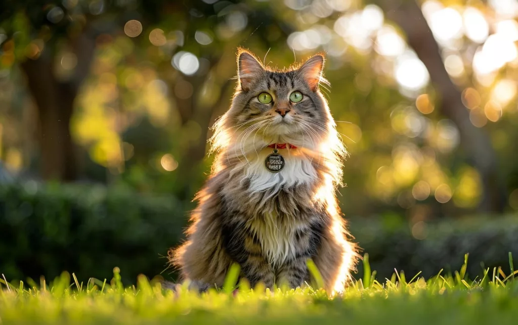 Chat majestueux sur herbe, lumière solaire en arrière-plan.