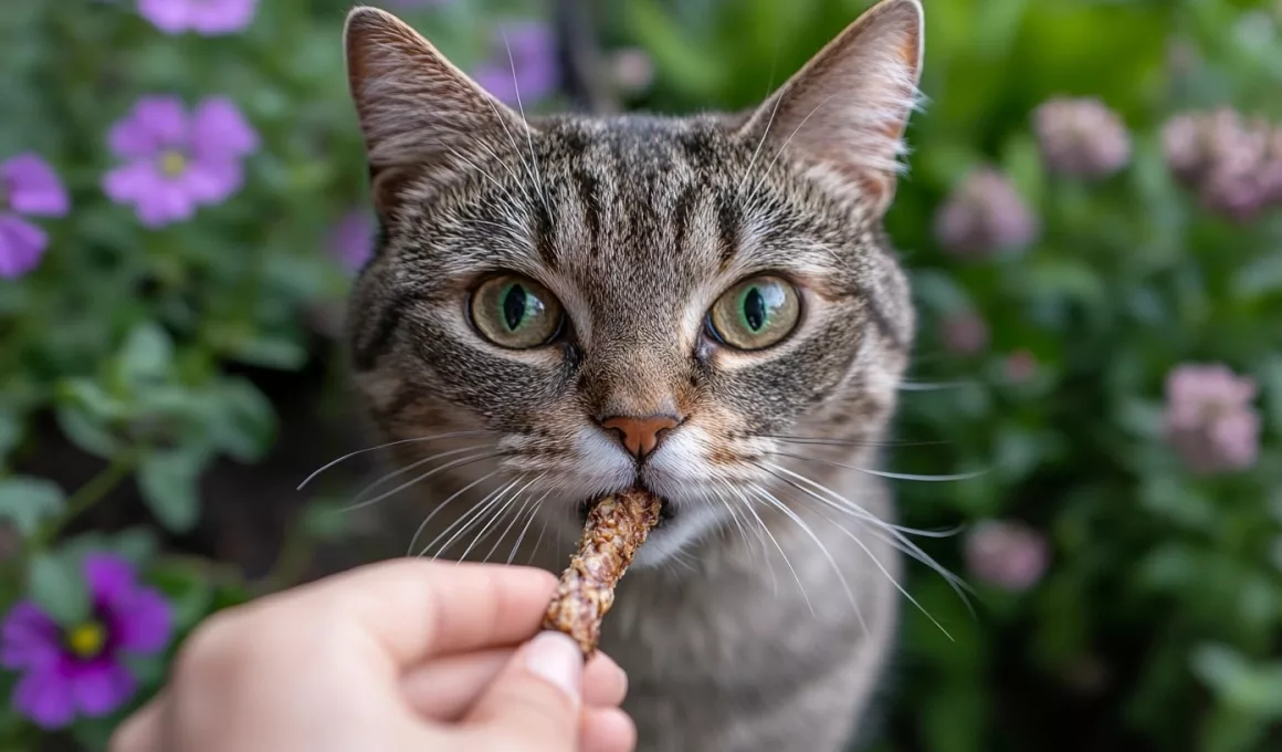 Chat tigré mangeant une friandise, fleurs en arrière-plan