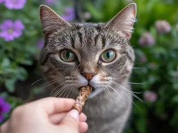 Chat tigré mangeant une friandise, fleurs en arrière-plan