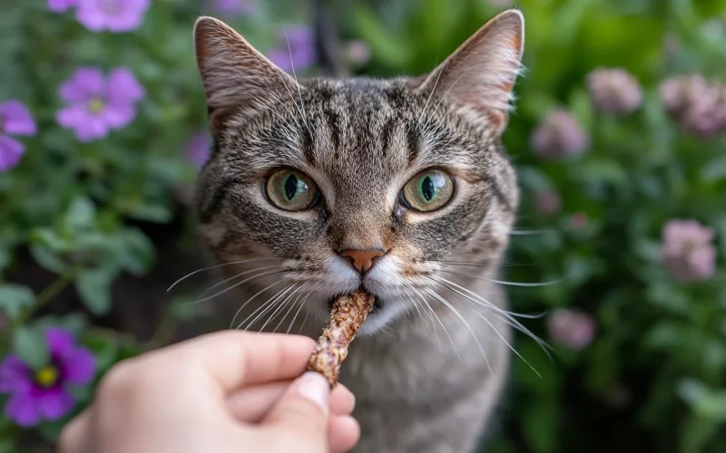 Chat tigré mangeant une friandise, fleurs en arrière-plan