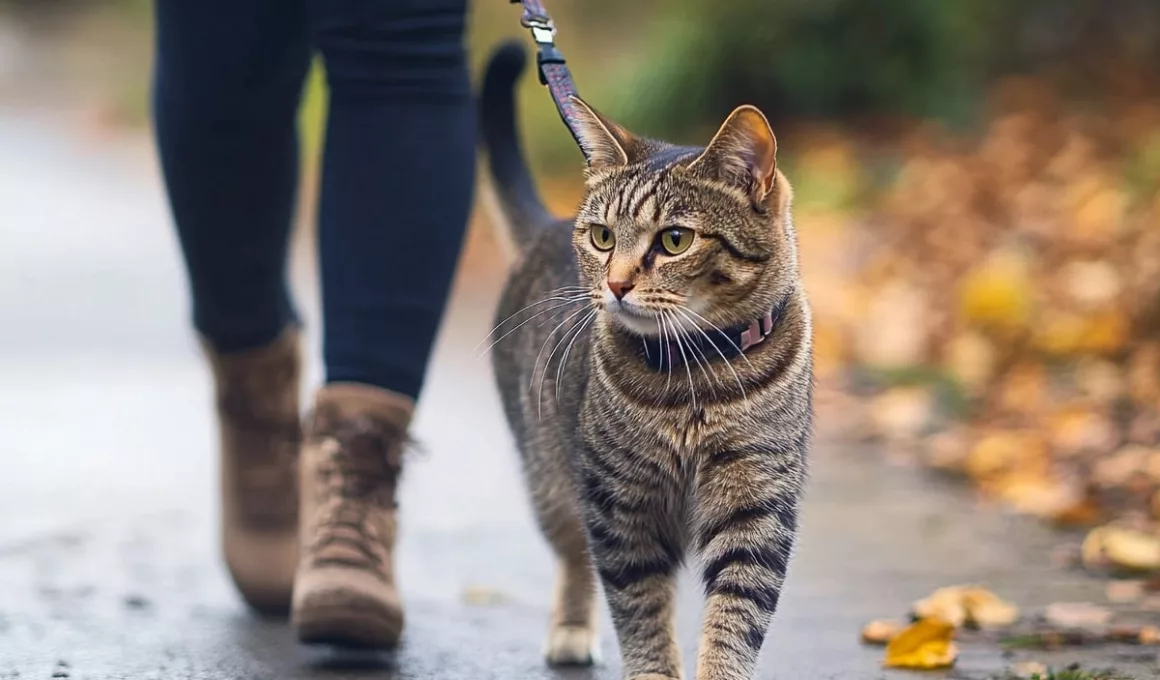 Chat tigré promené en laisse sur trottoir mouillé