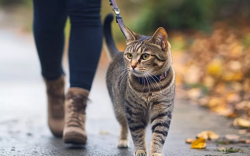 Chat tigré promené en laisse sur trottoir mouillé