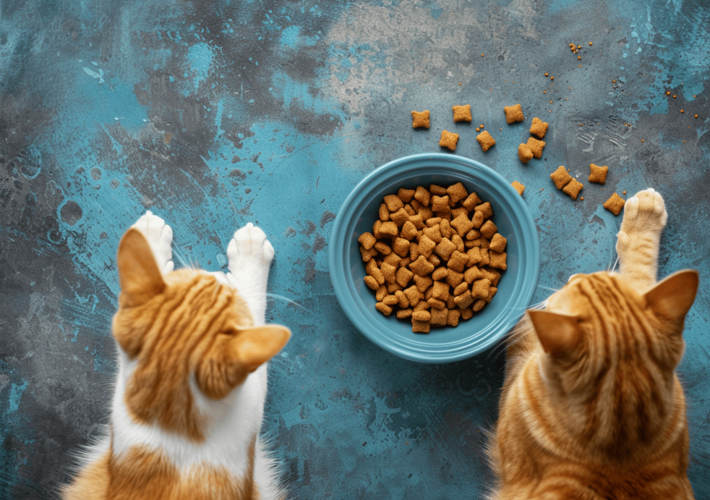 Deux chats roux près d'un bol de croquettes.