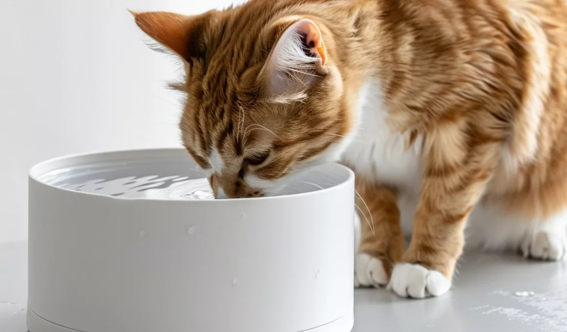 Chat roux boit d'un bol d'eau.