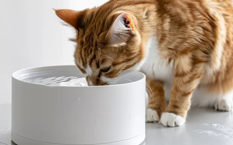 Chat roux boit d'un bol d'eau.