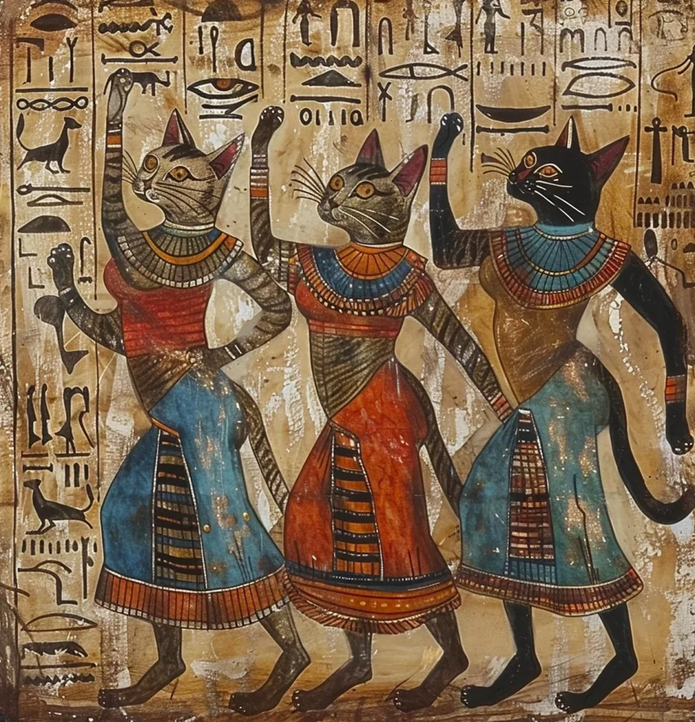 Peinture de trois chats égyptiens en habits traditionnels