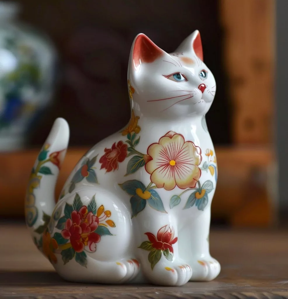 Figurine de chat en porcelaine à motifs floraux