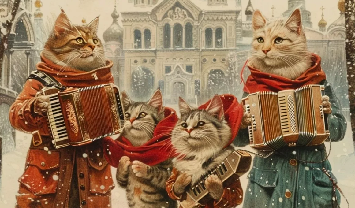 Chats musiciens avec accordéons devant église enneigée