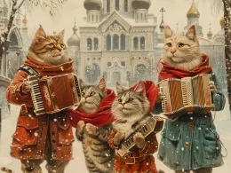 Chats musiciens avec accordéons devant église enneigée