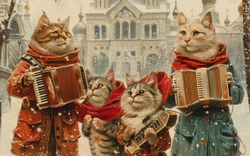 Chats musiciens avec accordéons devant église enneigée