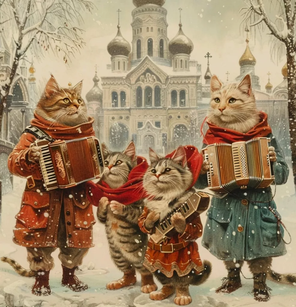 Chats musiciens avec accordéons devant église enneigée