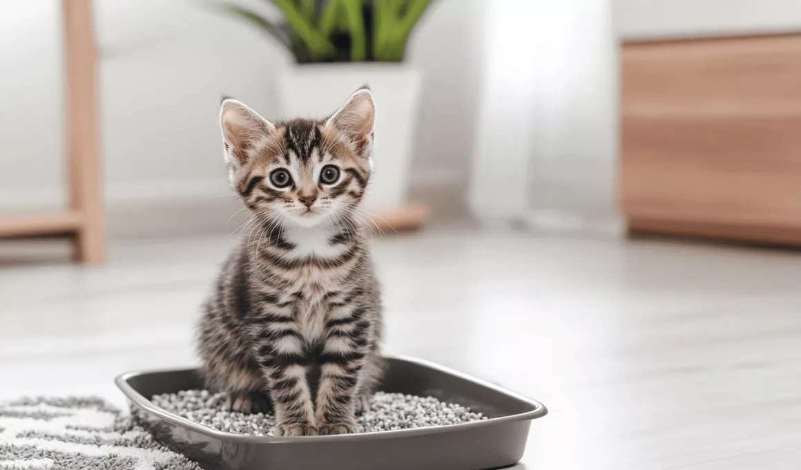 Chaton dans bac à litière, intérieur lumineux.