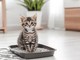 Chaton dans bac à litière, intérieur lumineux.