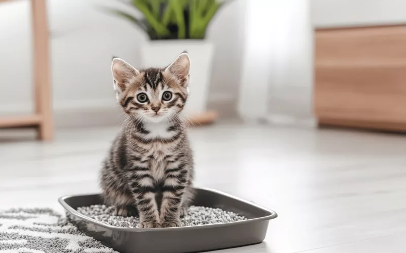 Chaton dans bac à litière, intérieur lumineux.