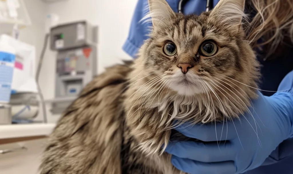 Chat pelucheux dans les bras d'un vétérinaire.