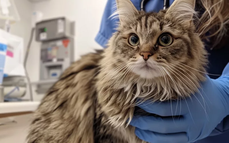 Chat pelucheux dans les bras d'un vétérinaire.