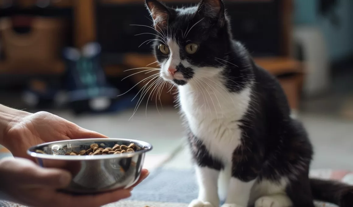 Chat noir et blanc considère croquettes dans bol