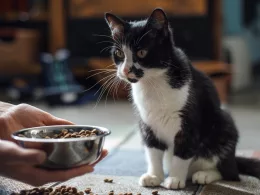 Chat noir et blanc considère croquettes dans bol