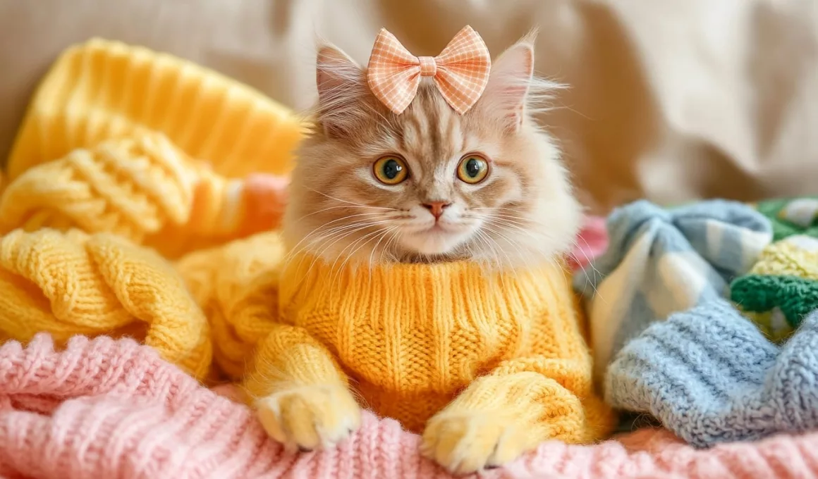 Chat mignon avec pull jaune et nœud.