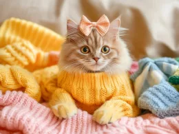 Chat mignon avec pull jaune et nœud.