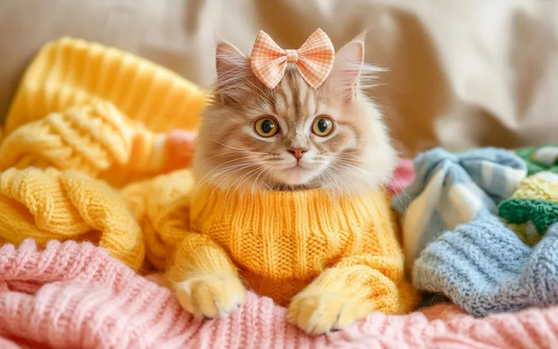 Chat mignon avec pull jaune et nœud.